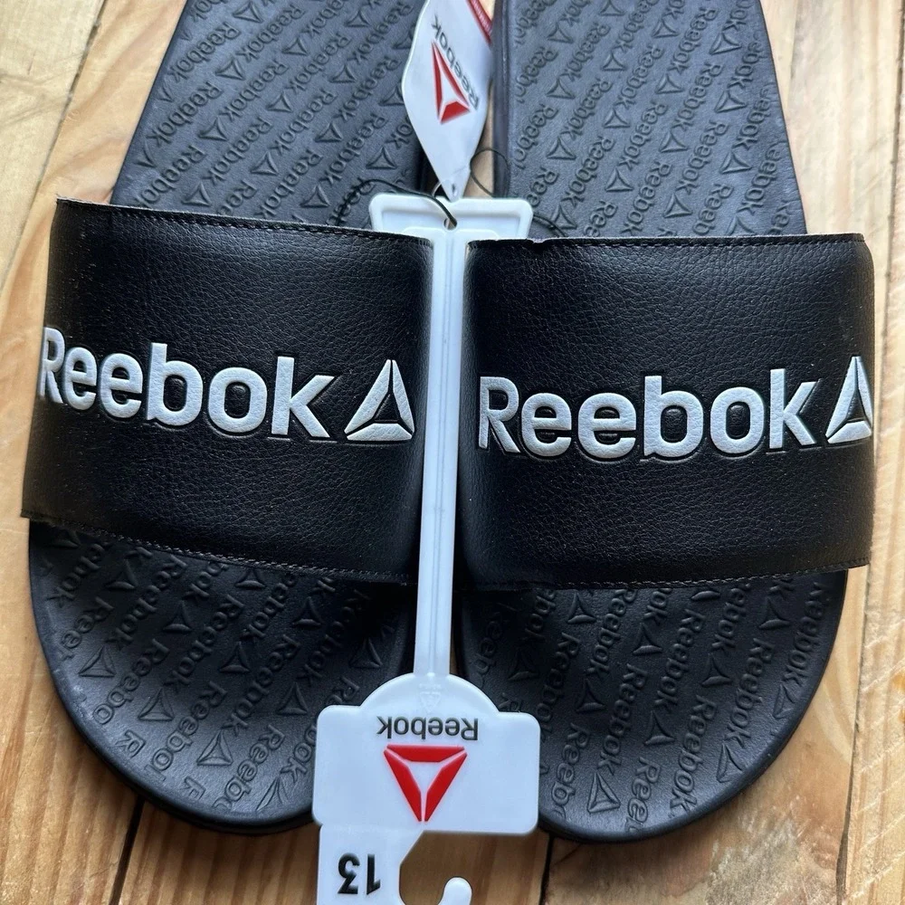 NWT Reebok Men's Slide Sandals Black White Logo Lightweight US Size 13